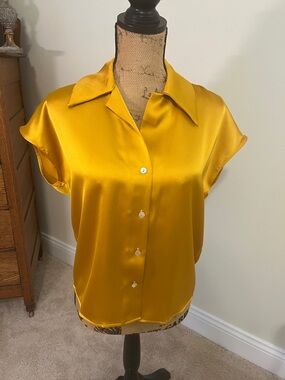 Rachel Zoe Satin Short-Sleeve Button-Down in Mustard Yellow